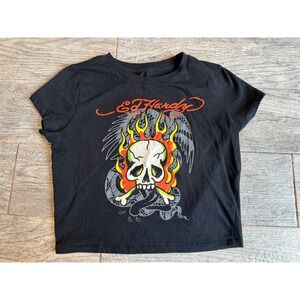 Ed Hardy Graphic T-Shirt Medium Black Flaming Skull Snake Y2K Tee Womens Y2K